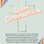 a gold cross on a mint background with rainbow prisms in the corner from queer conversations