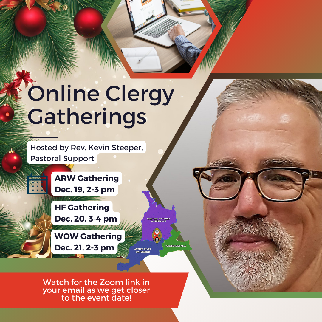 a man named kevin steeper with a grey beard and glass promoting a clergy gathering, in the background are Christmas decorations