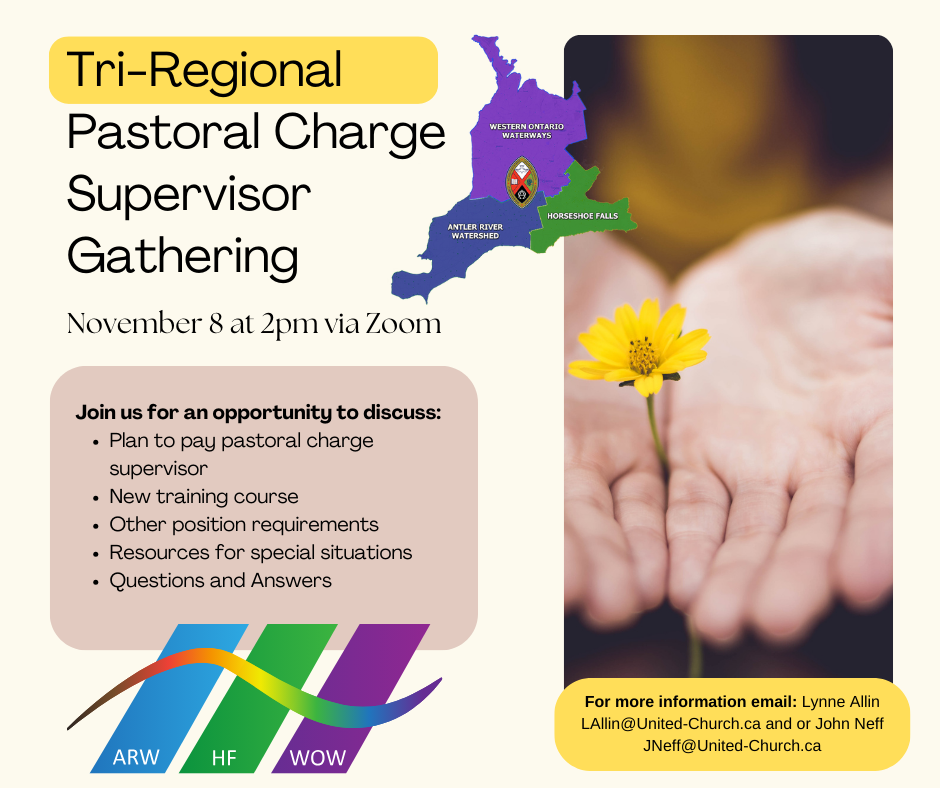 hands holding a yellow flower a poster for a tri-region event for pastoral charge supervisors