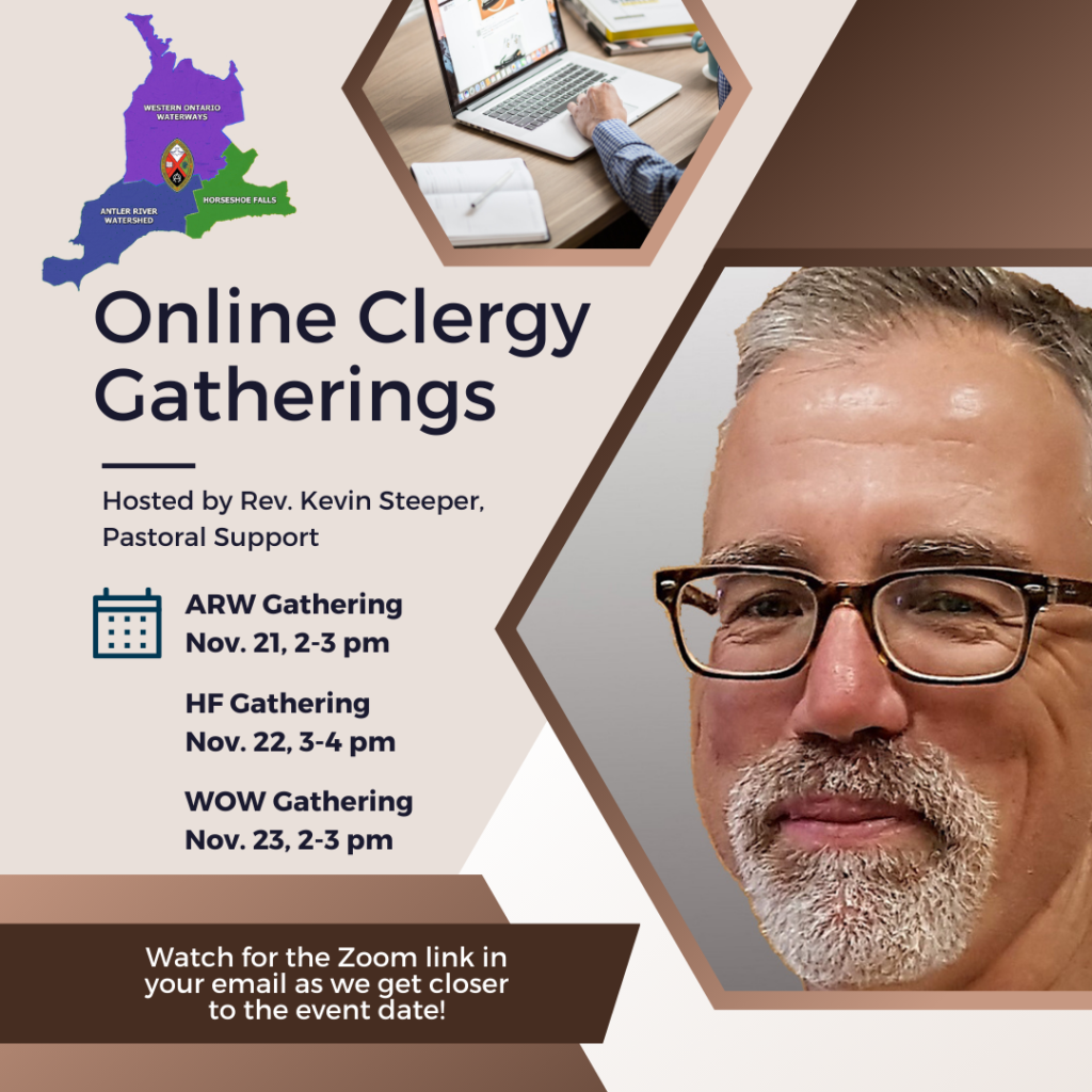 a man with a beard and mustache wearing glasses named Kevin promoting online clergy gatherings in the background brown abstract figures