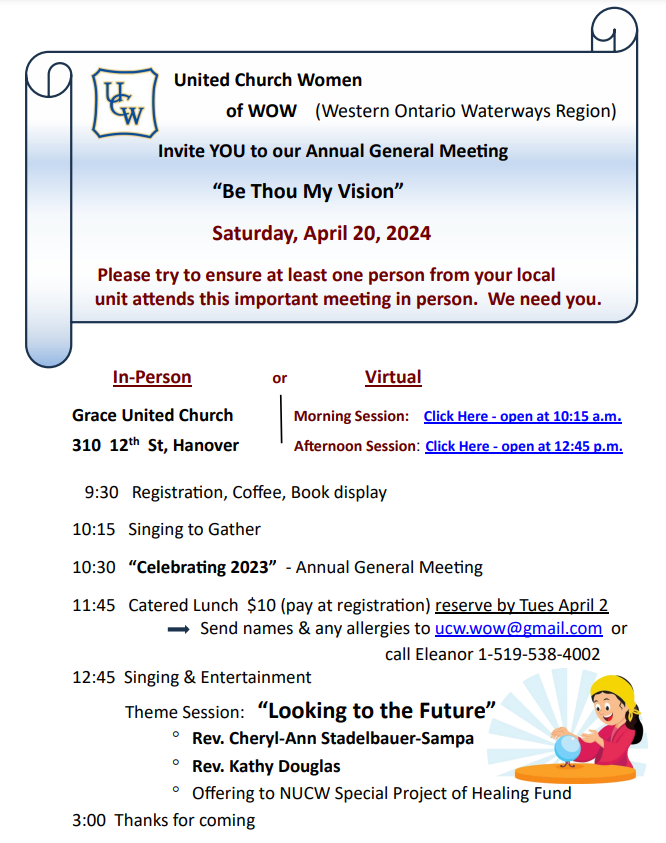 a scroll announcing the WOW UCW AGM 2024 in the right hand corner is a cartoon of a woman looking into a crystal ball