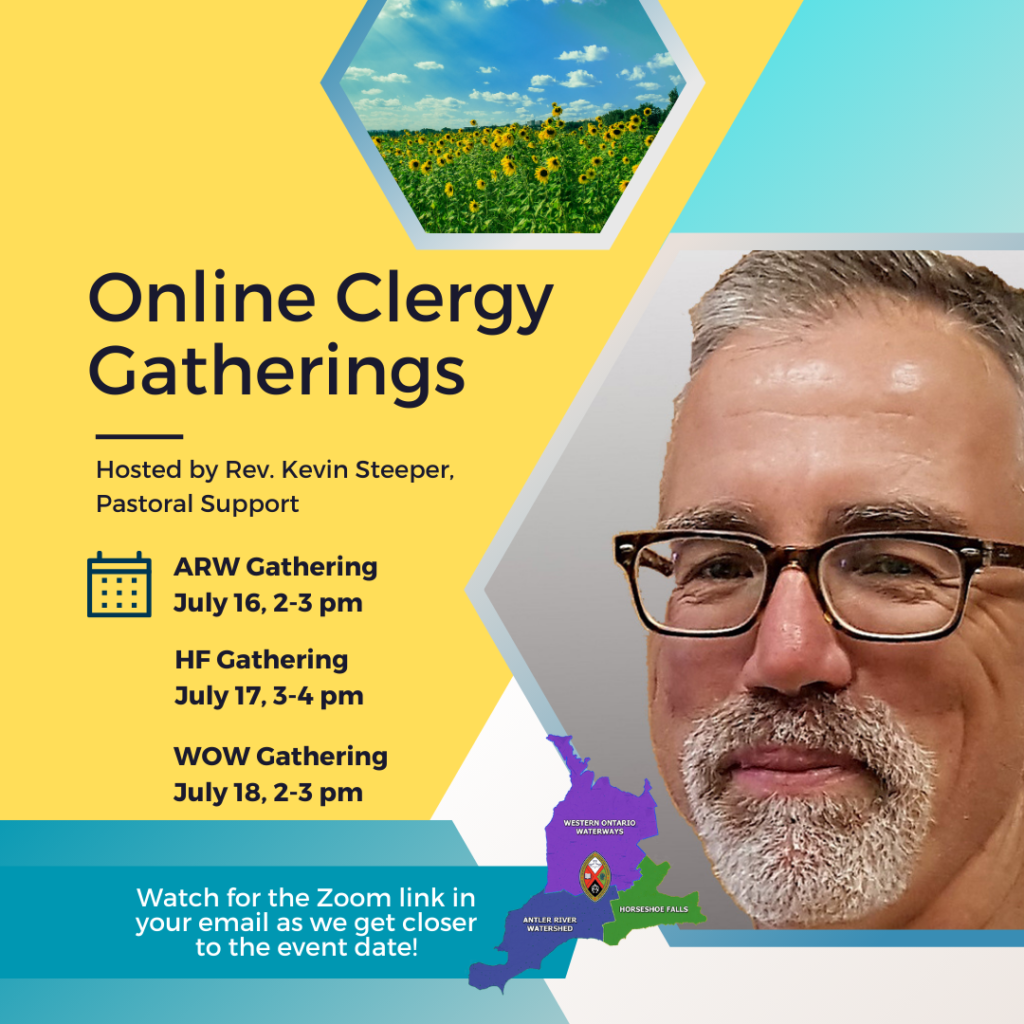 a man named Kevin Steeper with grey hair, wearing glasses and a beard event poster for  online clergy gathering highlights in yellow