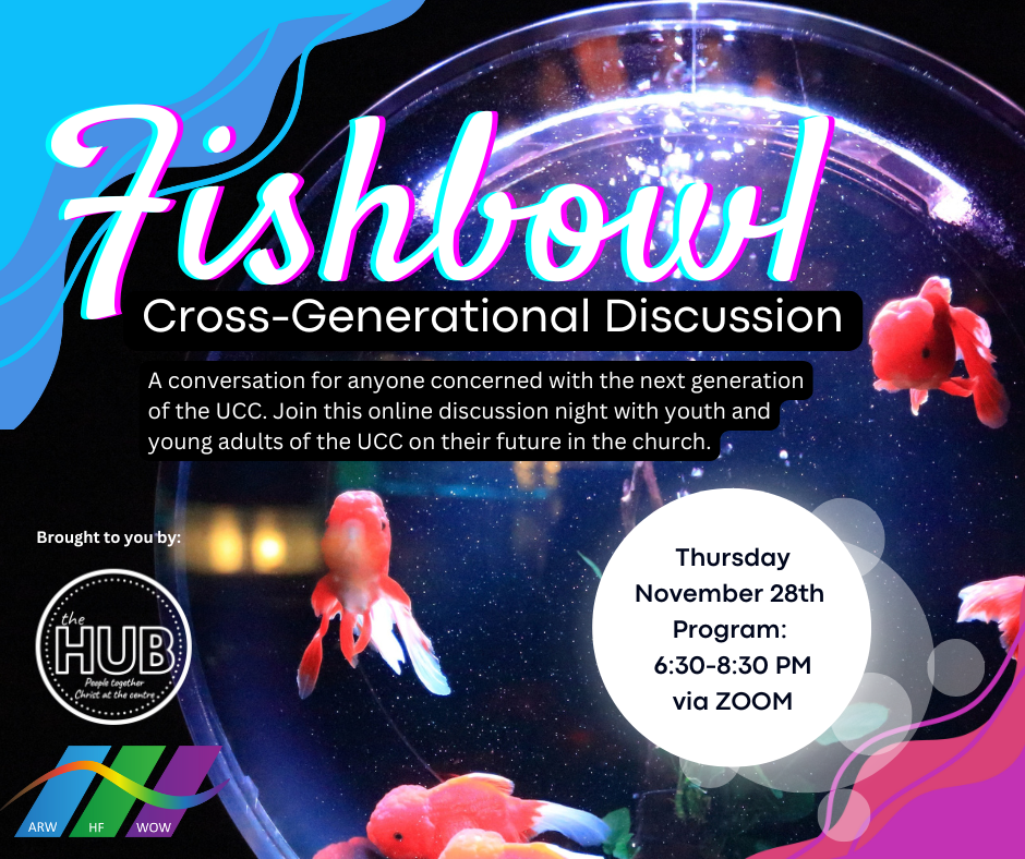 a fishbowl with orange fish swimming on a background of purple and blue a promo for an cross generational event