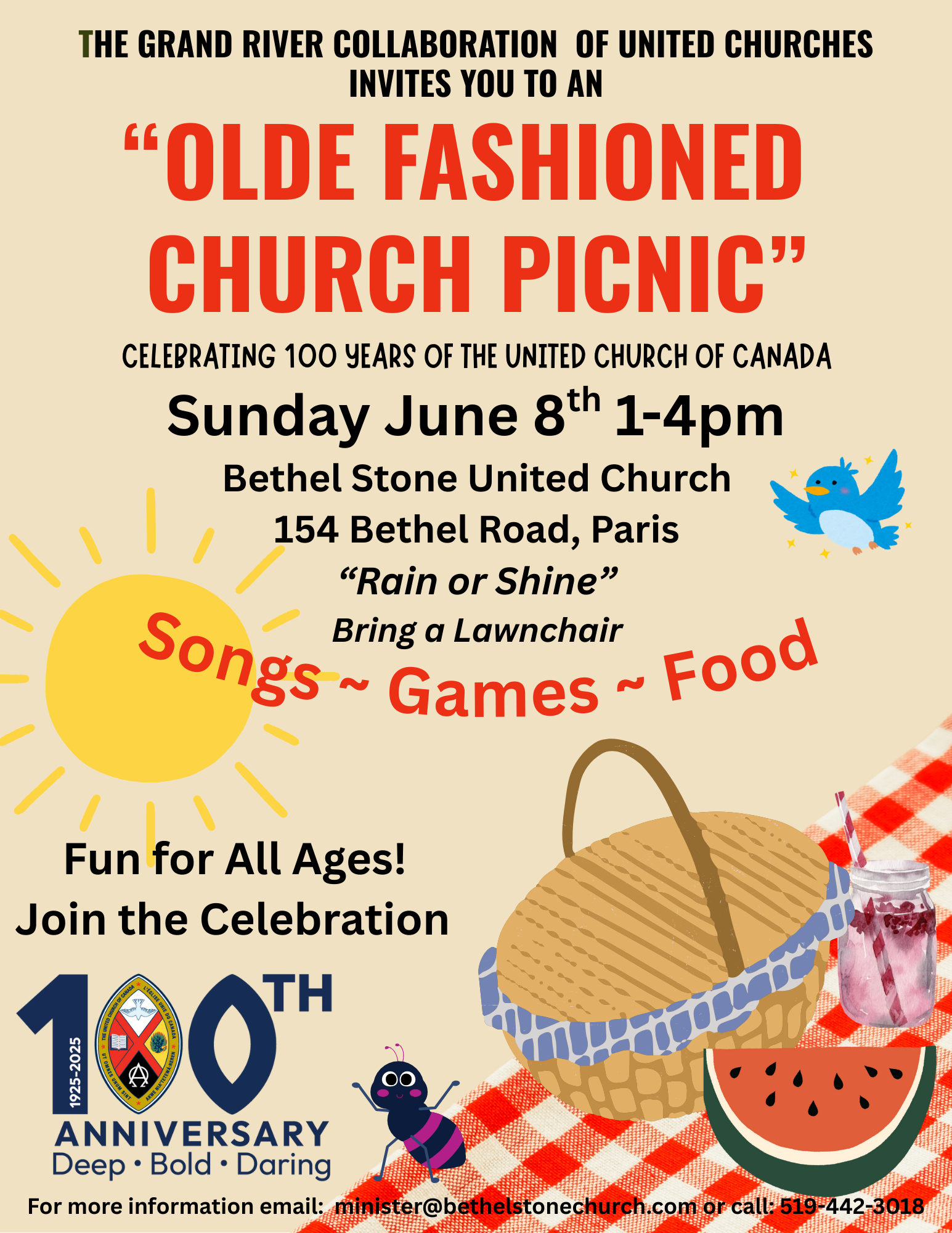 a straw picnic basket and blanket in red and white check with a blue bird