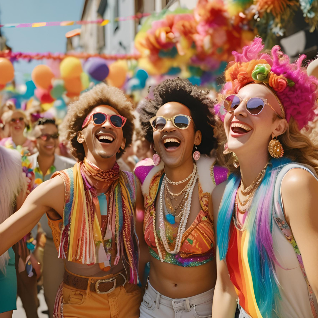 three people dressed in colourful 2SLGBTQIA clothing