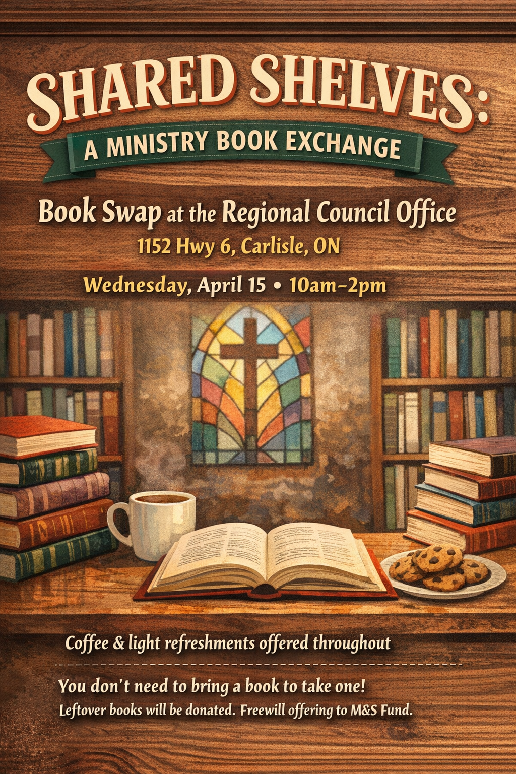 an open book on a desk with a mug of coffee and cookies on the side in the background is a christian cross and bookshelves